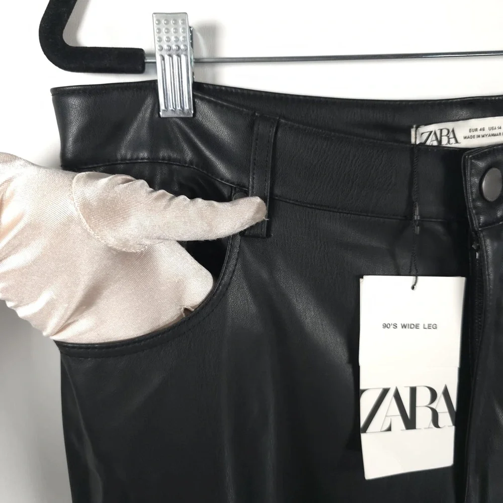 ZARA New Black Faux Leather 90’s Wide Leg Pants Size 14 High Waist‎ 2969/245/800
